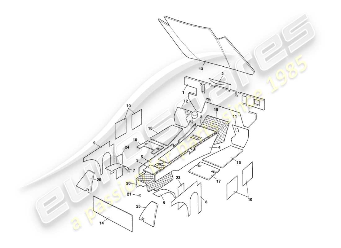 aston martin v8 coupe (1999) sound deadening parts diagram