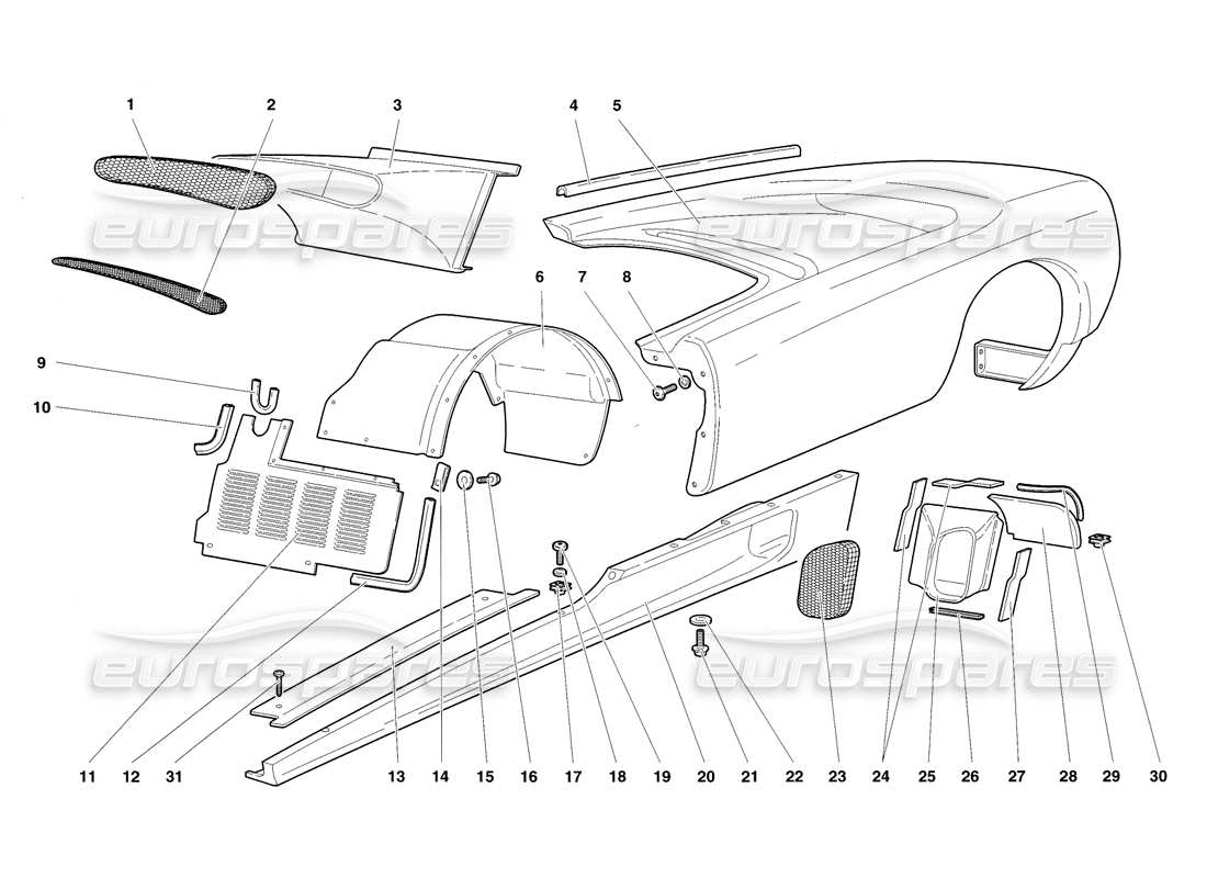 lamborghini diablo sv (1998) body elements - left flank parts diagram