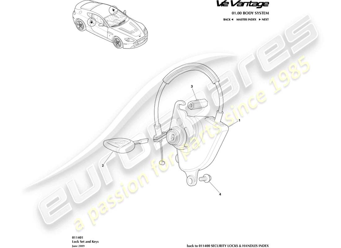 aston martin v12 vantage (2010) lock set and keys part diagram