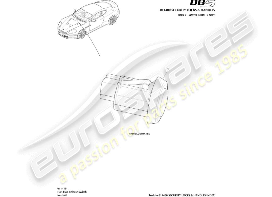 aston martin dbs (2007) fuel filler release switch parts diagram