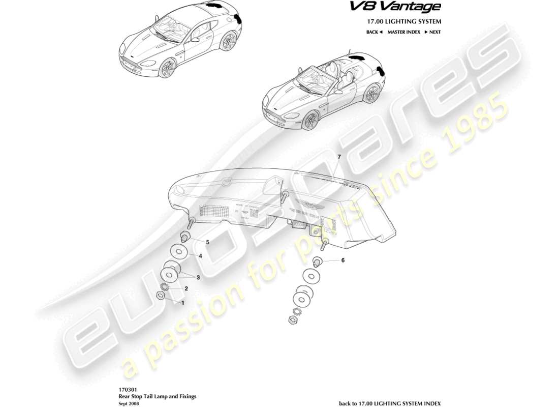 aston martin v8 vantage (2010) rear lamps part diagram