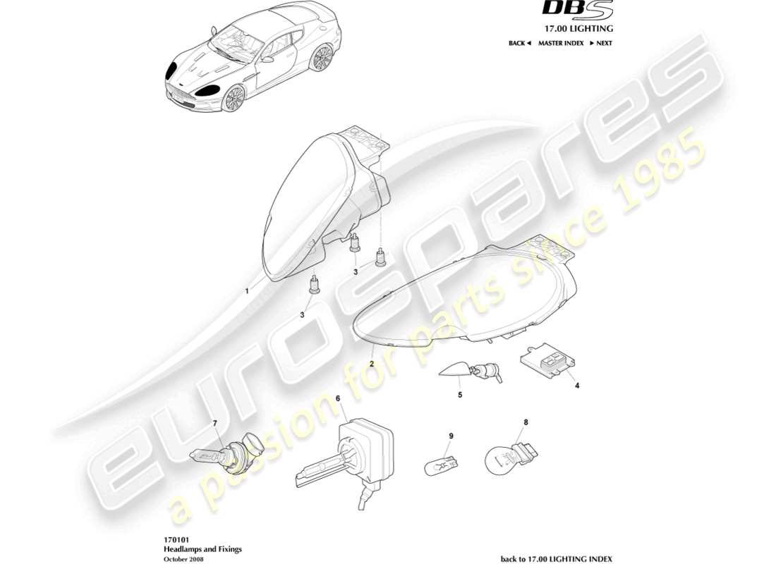 aston martin dbs (2007) headlights part diagram