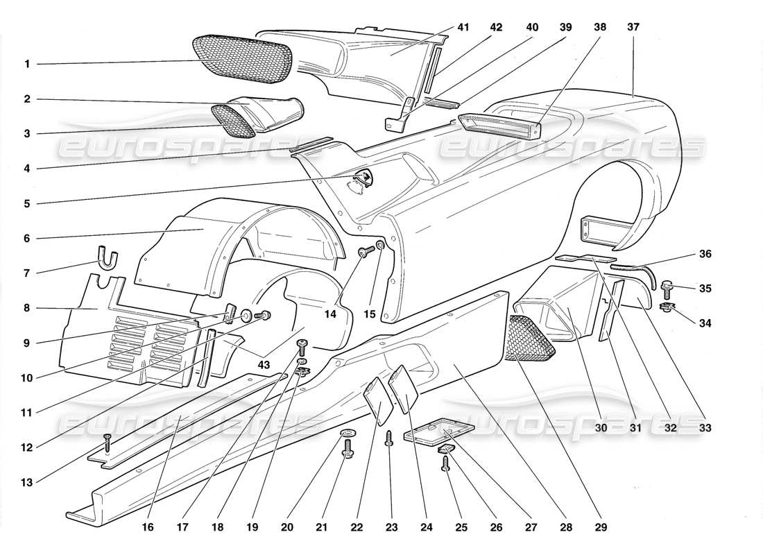 lamborghini diablo roadster (1998) coque elements - left flank parts diagram