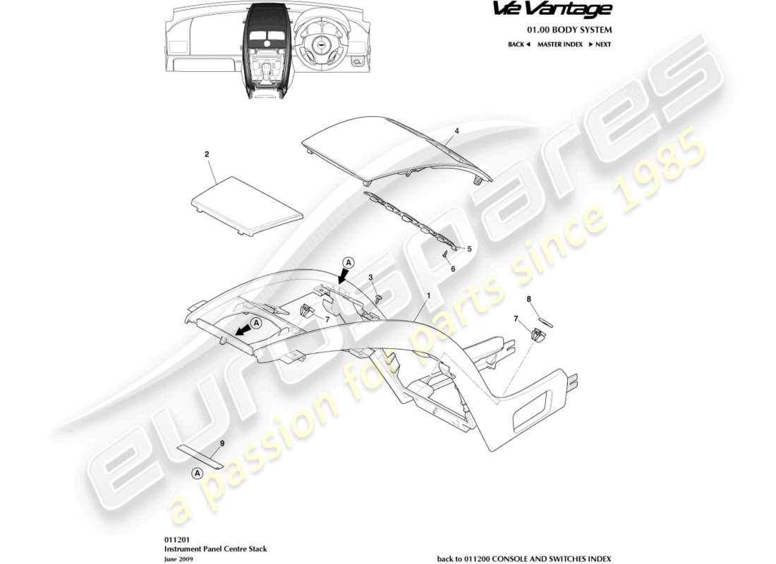 aston martin v12 vantage (2010) centre stack, less sat nav part diagram