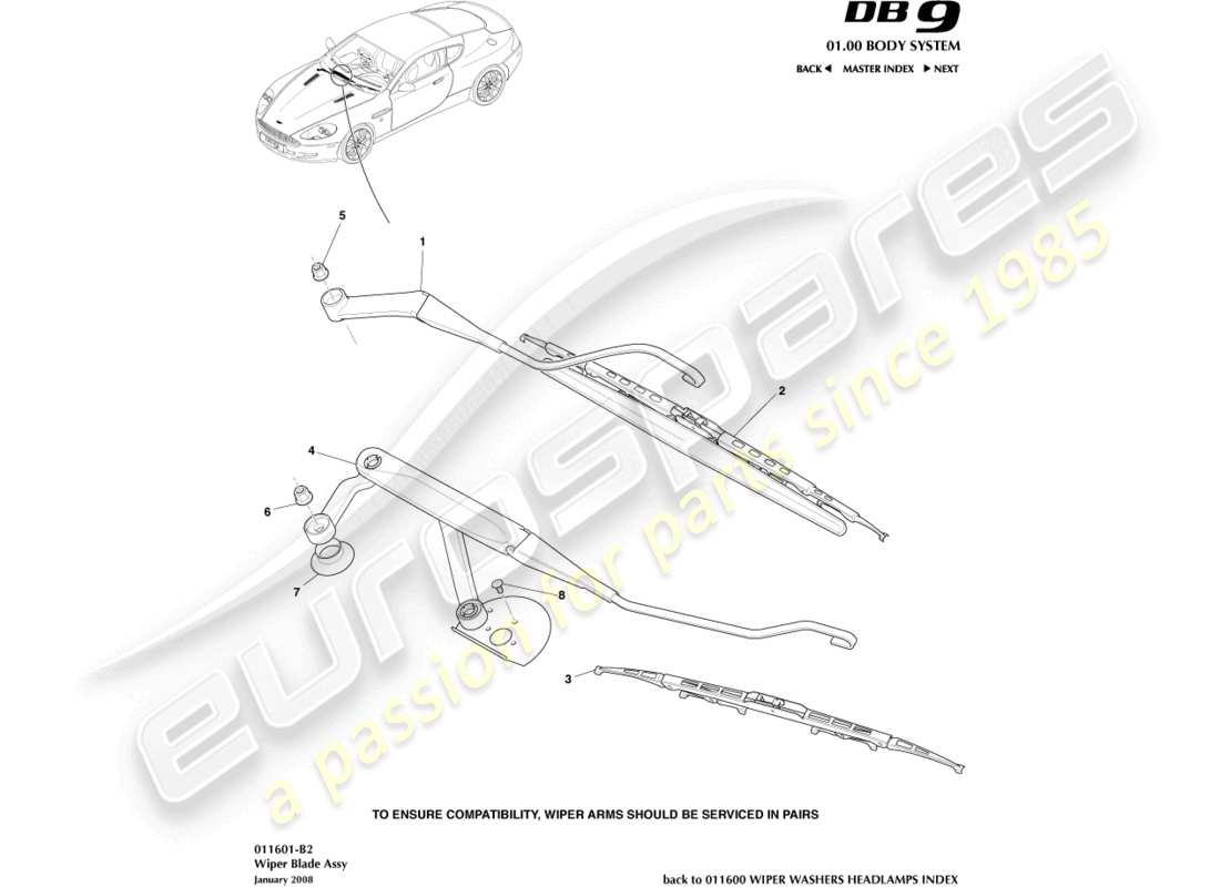 aston martin db9 (2005) wiper blade assembly part diagram