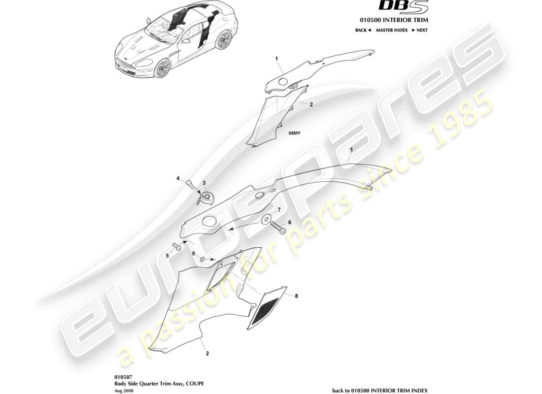 aston martin dbs (2011) body side quarter trim, coupe part diagram