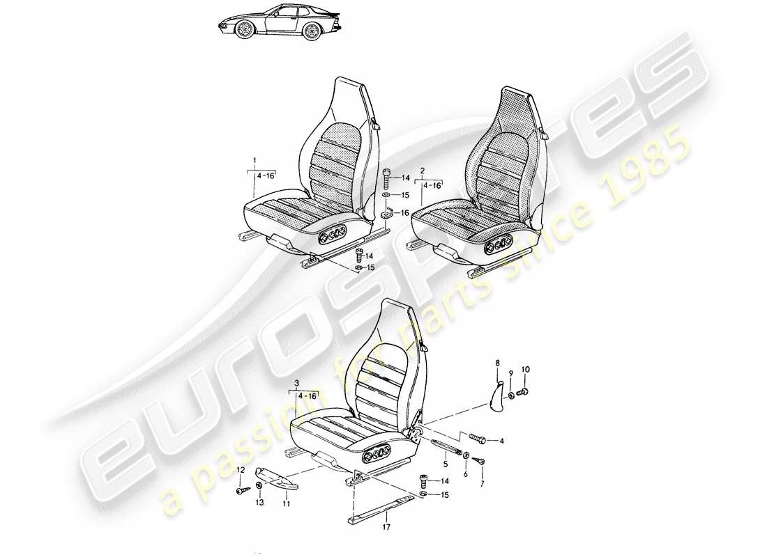 a part diagram from the porsche 1988 (seats for 944/968/911/928) parts catalogue