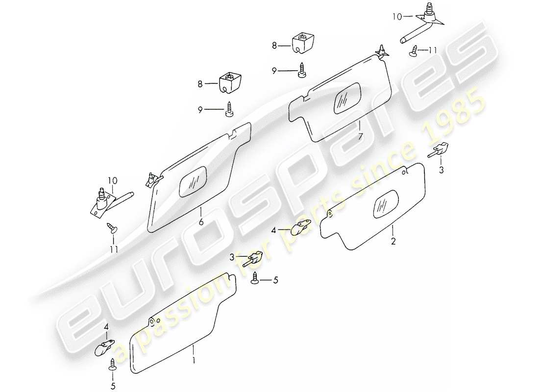 porsche 1970 (911) sun vizors part diagram