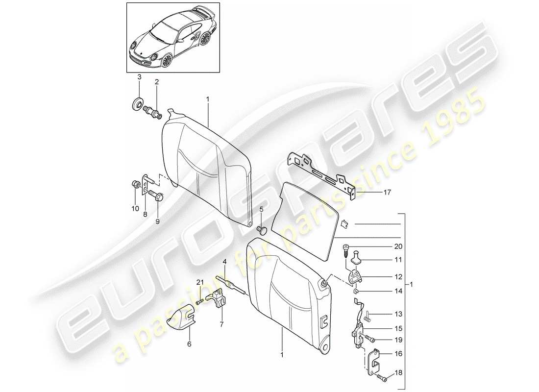 porsche 2008 (997-1 turbo / gt2) emergency seat backrest parts diagram