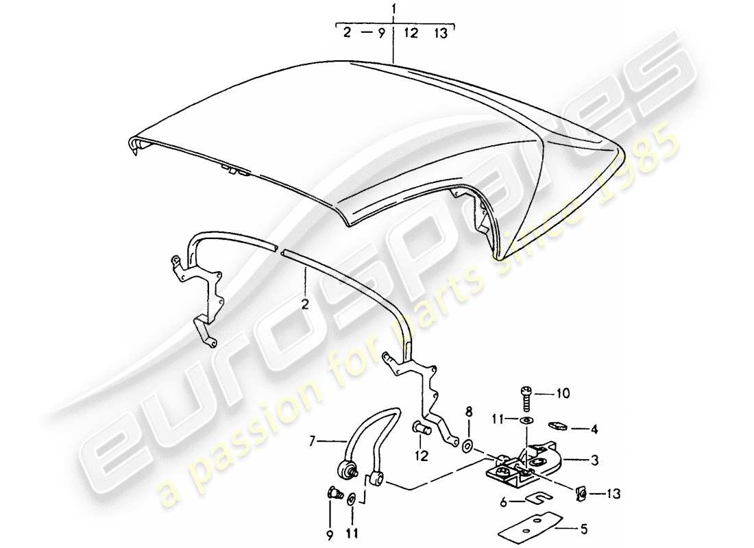 porsche 1994 (964) folding top - complete - main bow - single parts part diagram