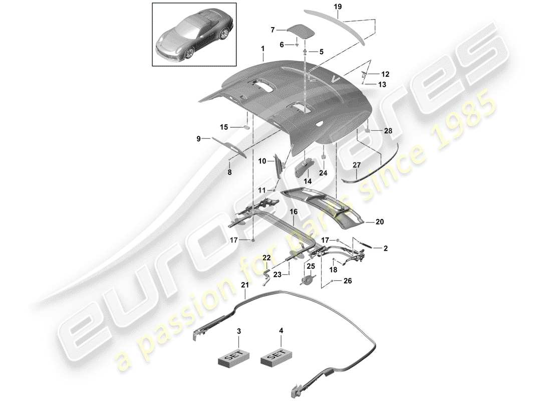 porsche 2017 (991-2 r/gt3/rs) cover for top stowage box part diagram