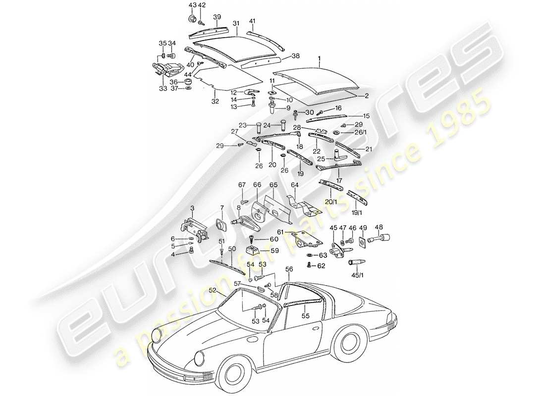 porsche 1975 (911) soft top part diagram