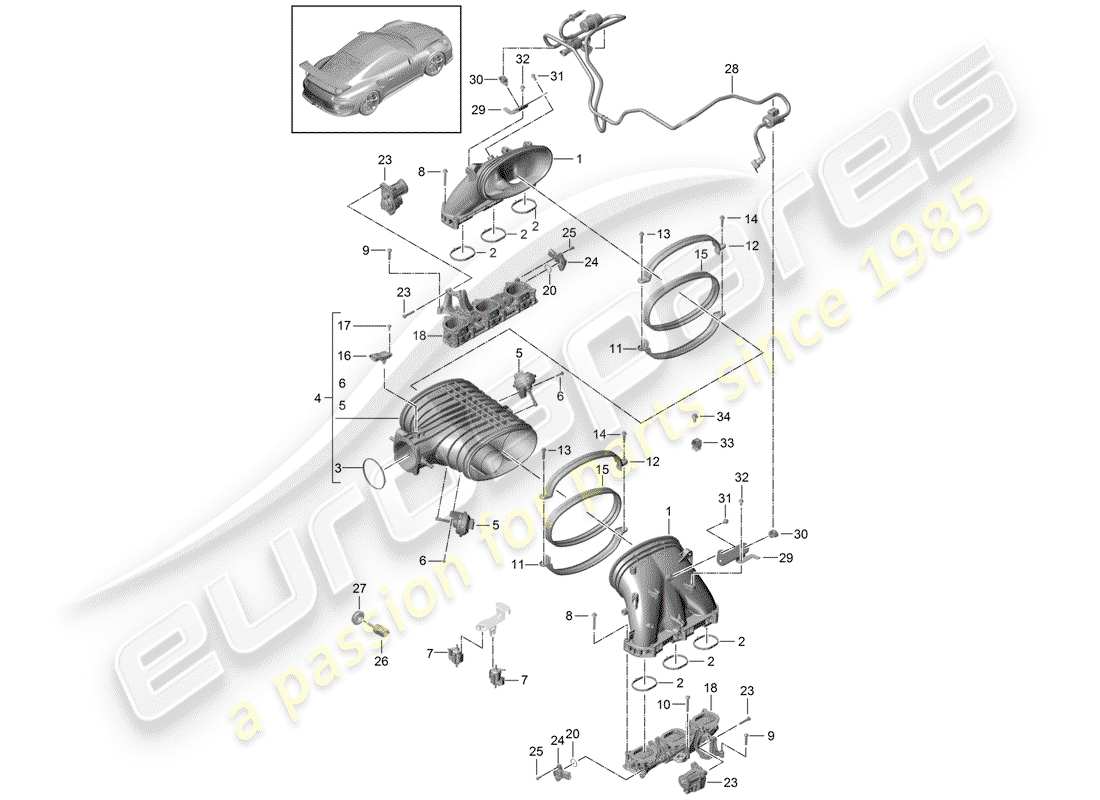 porsche 991r/gt3/rs (2016) intake system parts diagram