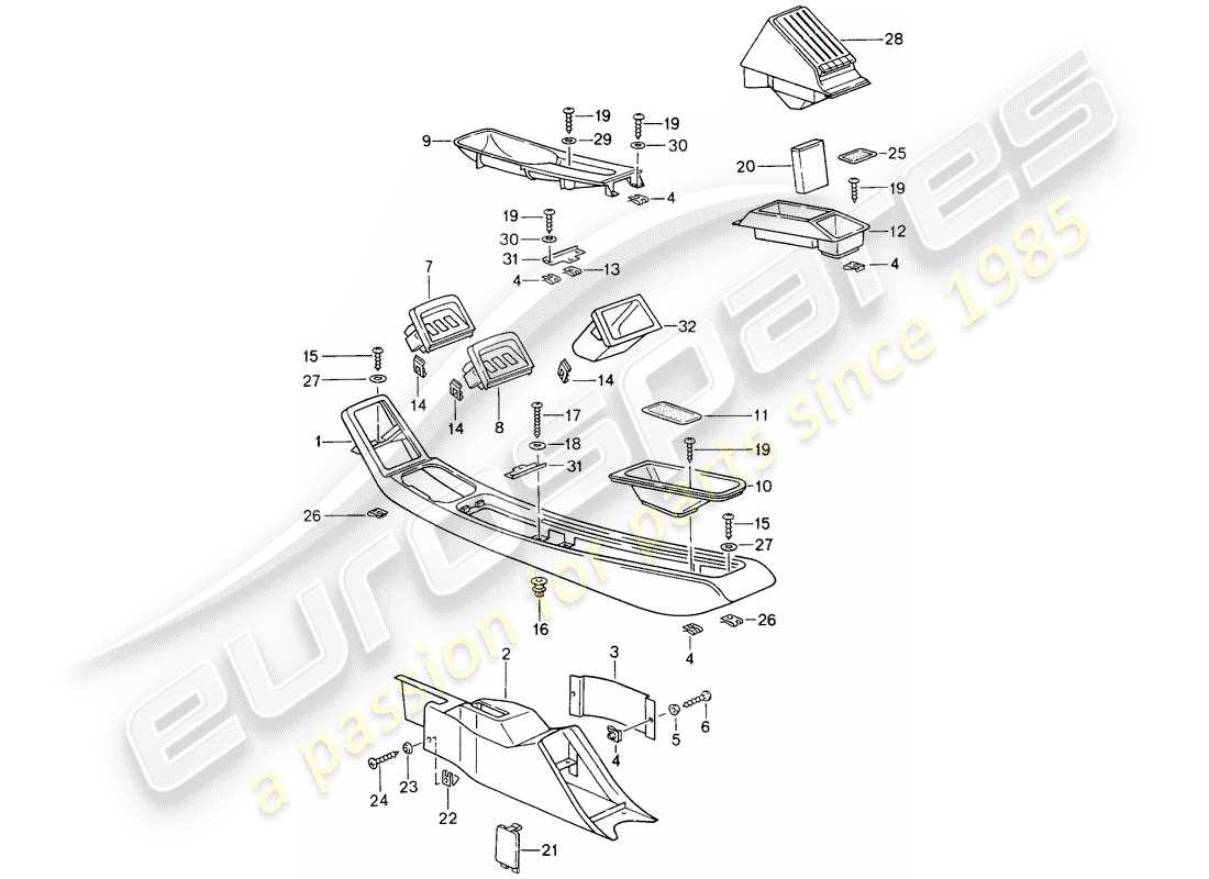 porsche 1996 (993) center console part diagram