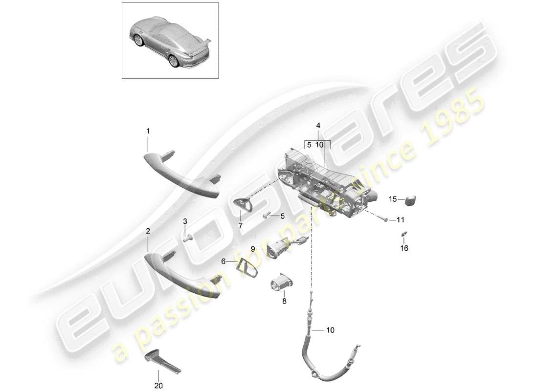 porsche 991r/gt3/rs (2014) door handle, outer parts diagram