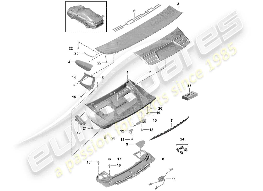 porsche 2017 (991-2 r/gt3/rs) rear trunk lid part diagram