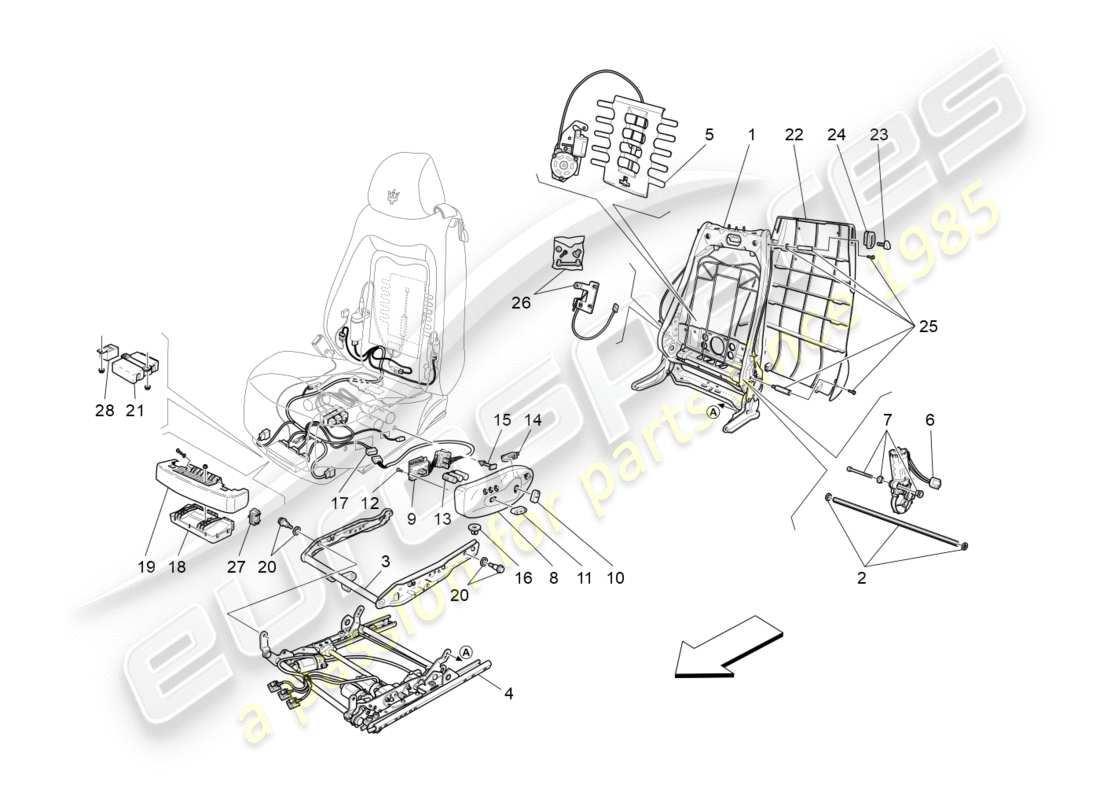 maserati granturismo (2011) front seats: mechanics and electronics parts diagram