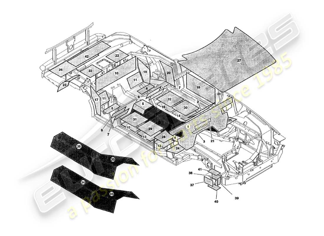 aston martin v8 volante (1998) sound deadening part diagram