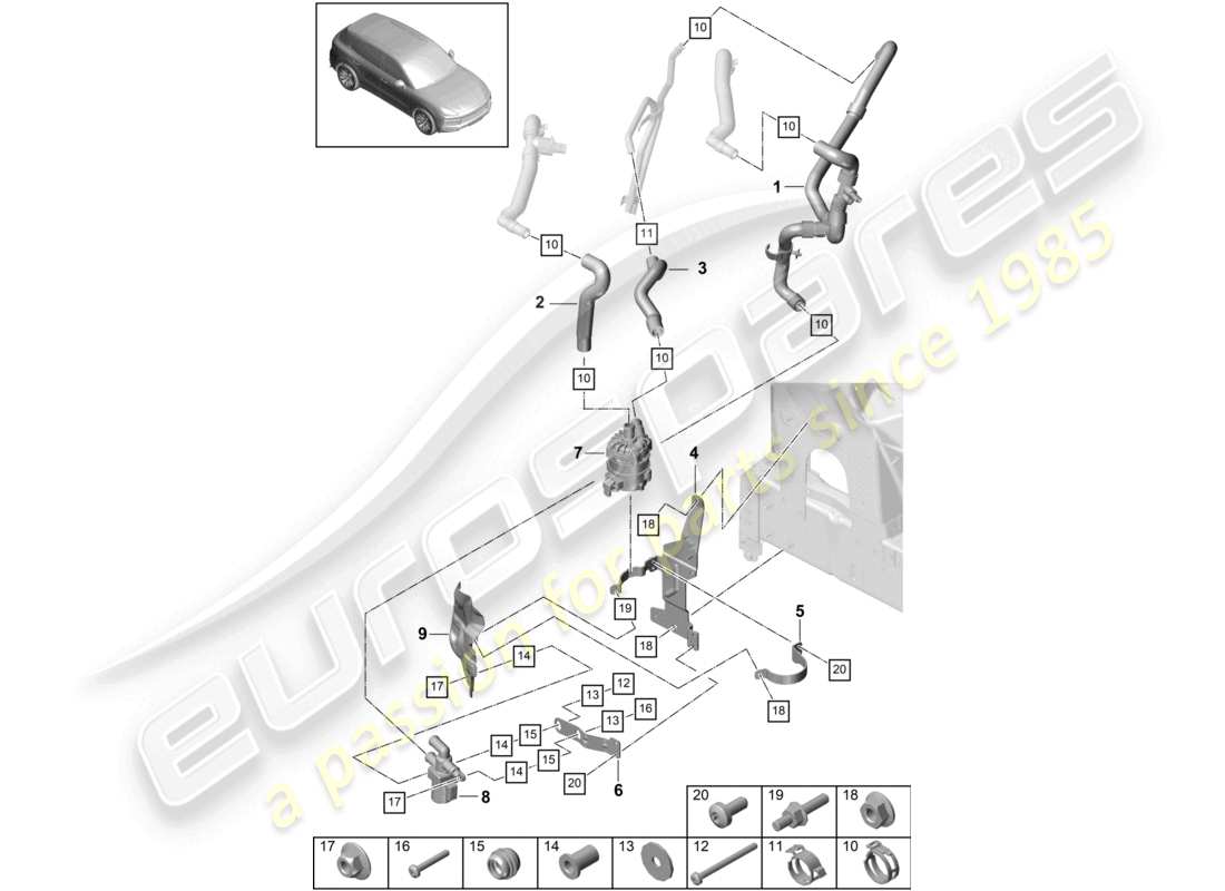 porsche 2018 (cayenne e3 9ya/9yb) heater v8 low-temperature circuit left front for vehicles with hybrid drive part diagram