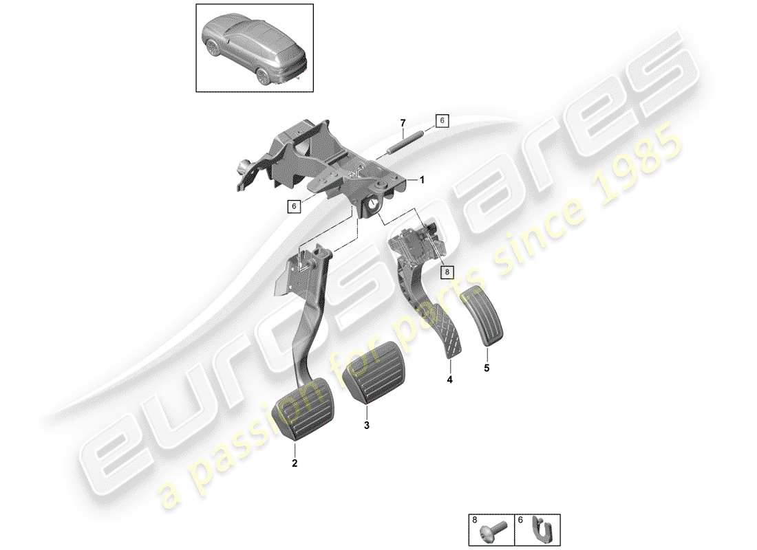 porsche 2020 (cayenne e3 9ya/9yb) brake and acc. pedal assembly part diagram