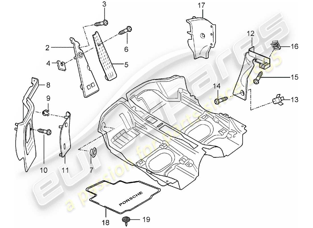 porsche 1998 (986 boxster) interior equipment - floor cover - trims part diagram