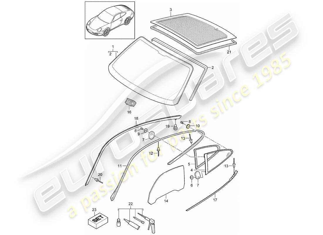 porsche 2012 (997-2) window glazing part diagram