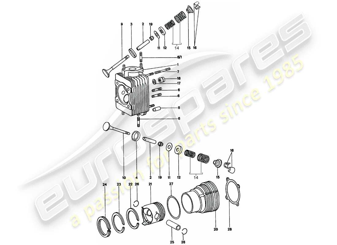 porsche 1975 (914) cylinder head - cylinder with pistons part diagram