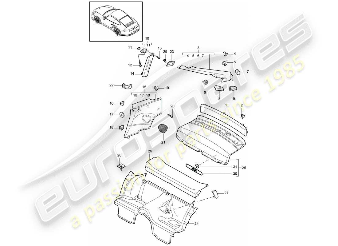 porsche 911 t/gt2rs (2011) trims parts diagram