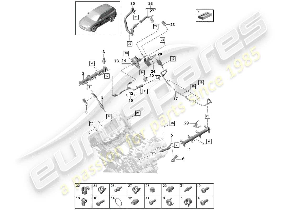 porsche 2020 (cayenne e3 9ya/9yb) fuel collection pipe part diagram