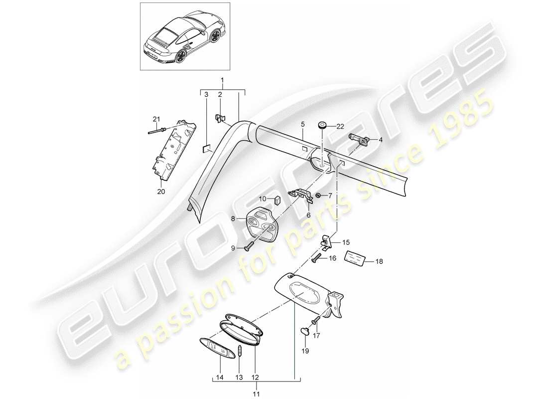 porsche 2011 (997-2 turbo / gt2 rs) a-pillar part diagram
