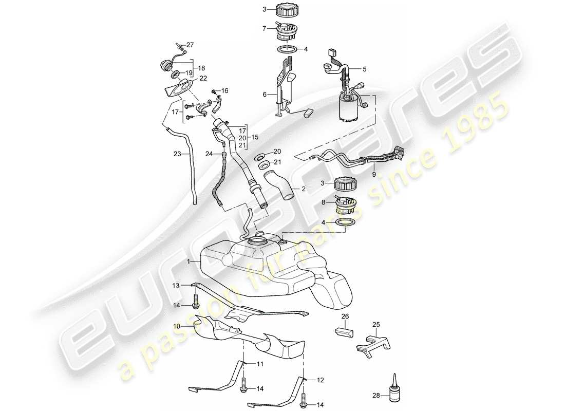 porsche 997 t/gt2 (2007) fuel tank parts diagram