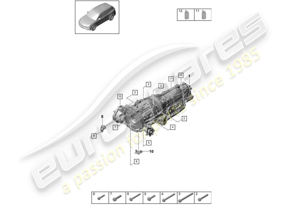 porsche 2018 (cayenne e3 9ya/9yb) 8-speed automatic gearbox for vehicles with hybrid drive mounting parts for engine and transmission part diagram
