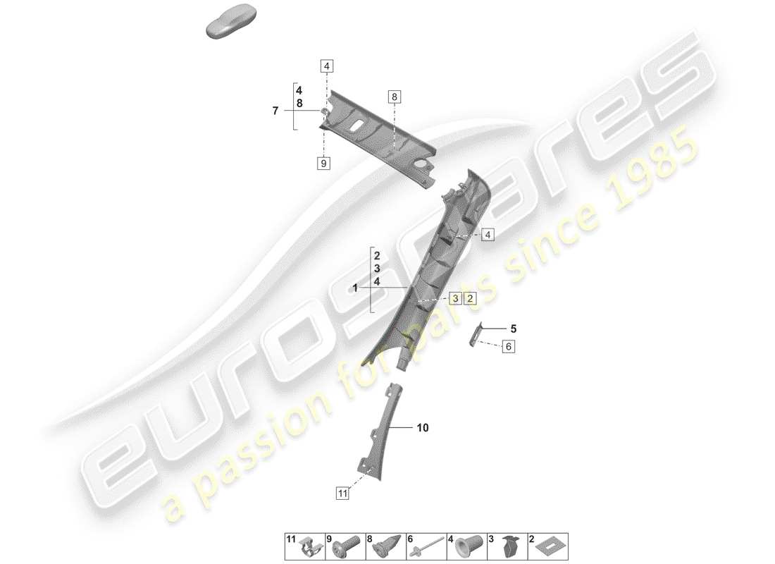 porsche 2020 (992-1) lining, pillar a part diagram
