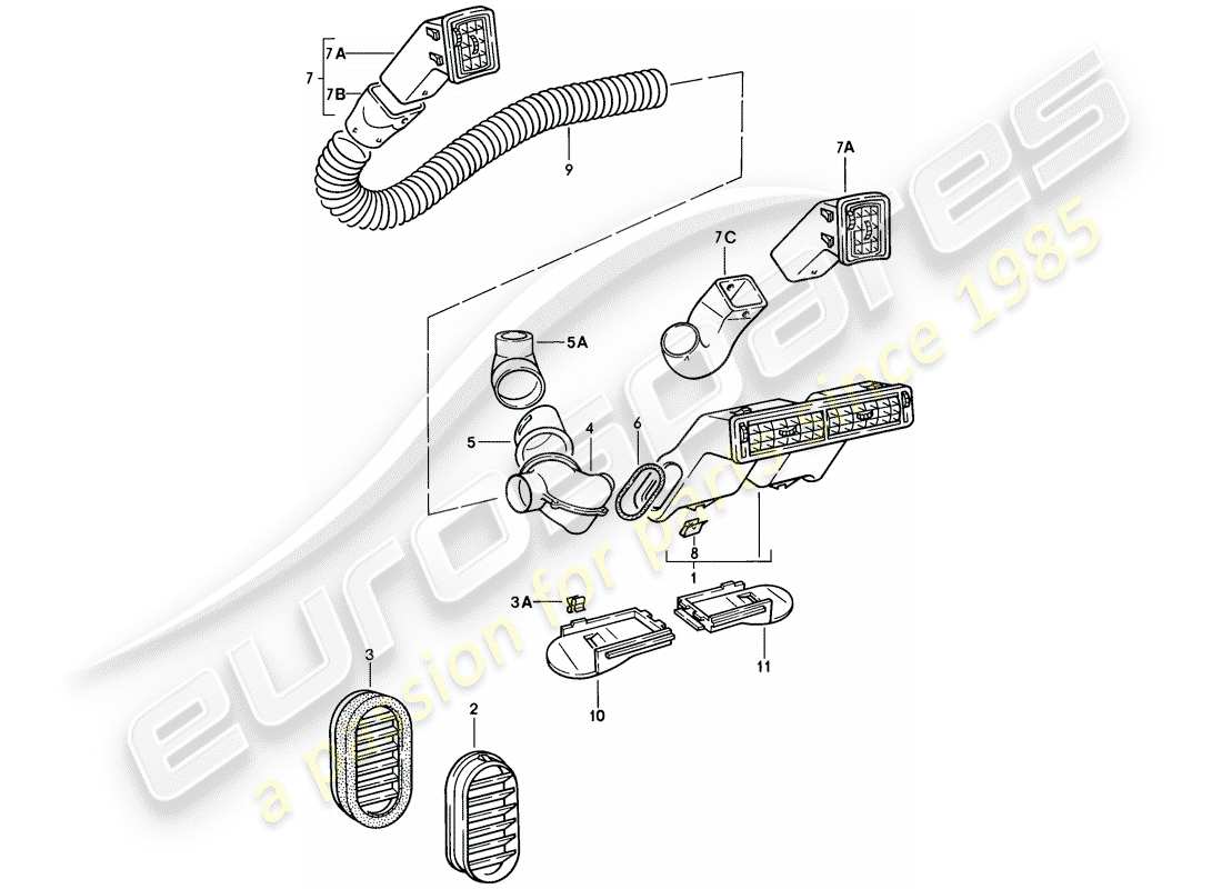porsche 1978 (924) air vent - trim - air hose parts diagram