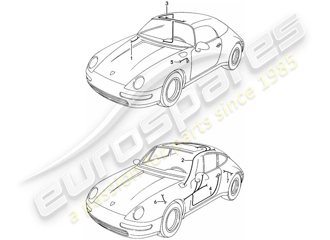 porsche 1997 (993) wiring harnesses - luggage compartment lamp - sunroof - convertible top control - driver's door - passenger's door - turn signal repeater - anti-locking brake syst. -abs- part diagram