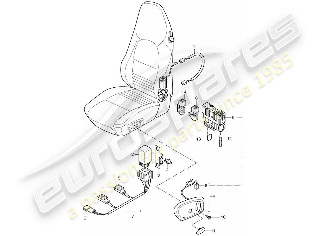porsche 996 t/gt2 (2002) wiring harnesses - switch - standard seat - sports seat parts diagram