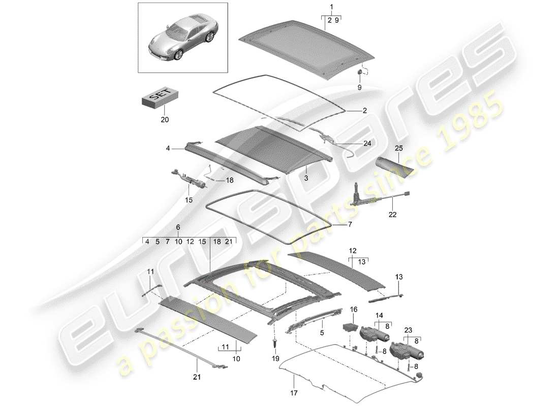porsche 2014 (991-1) glass roof part diagram