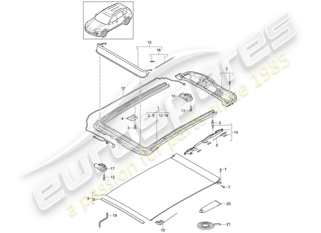 porsche 2016 (cayenne e2 92a) glass roof part diagram