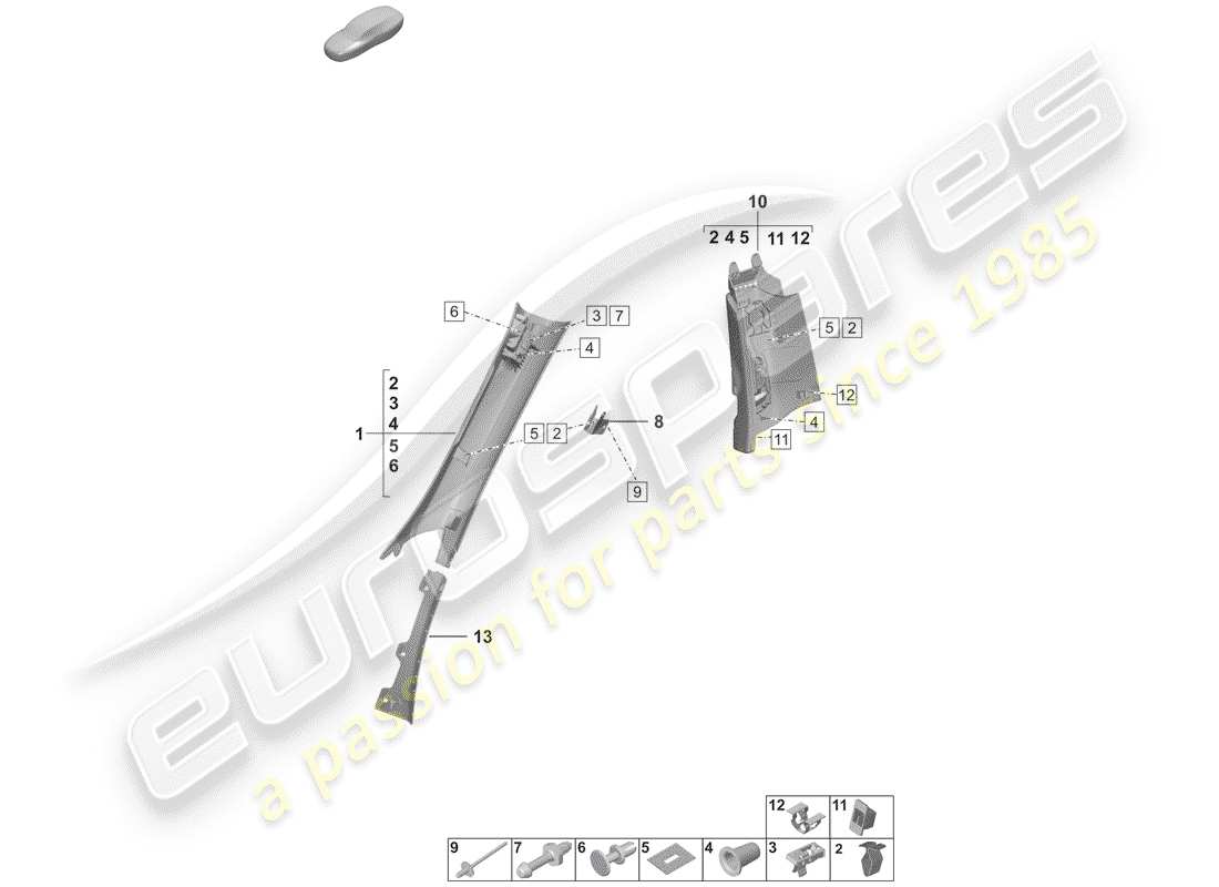 porsche 2020 (992-1) lining, pillar a part diagram