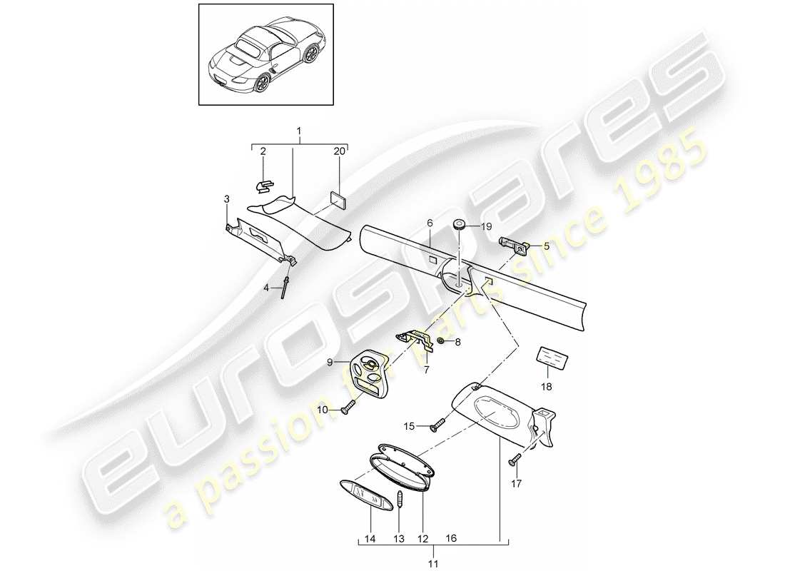 porsche 2006 (987 boxster) windshield frame part diagram