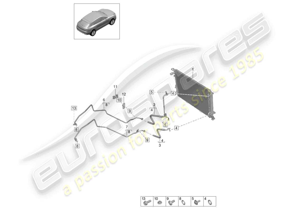 porsche 2020 (macan) - pdk - gearbox gear oil cooler oil pressure line part diagram