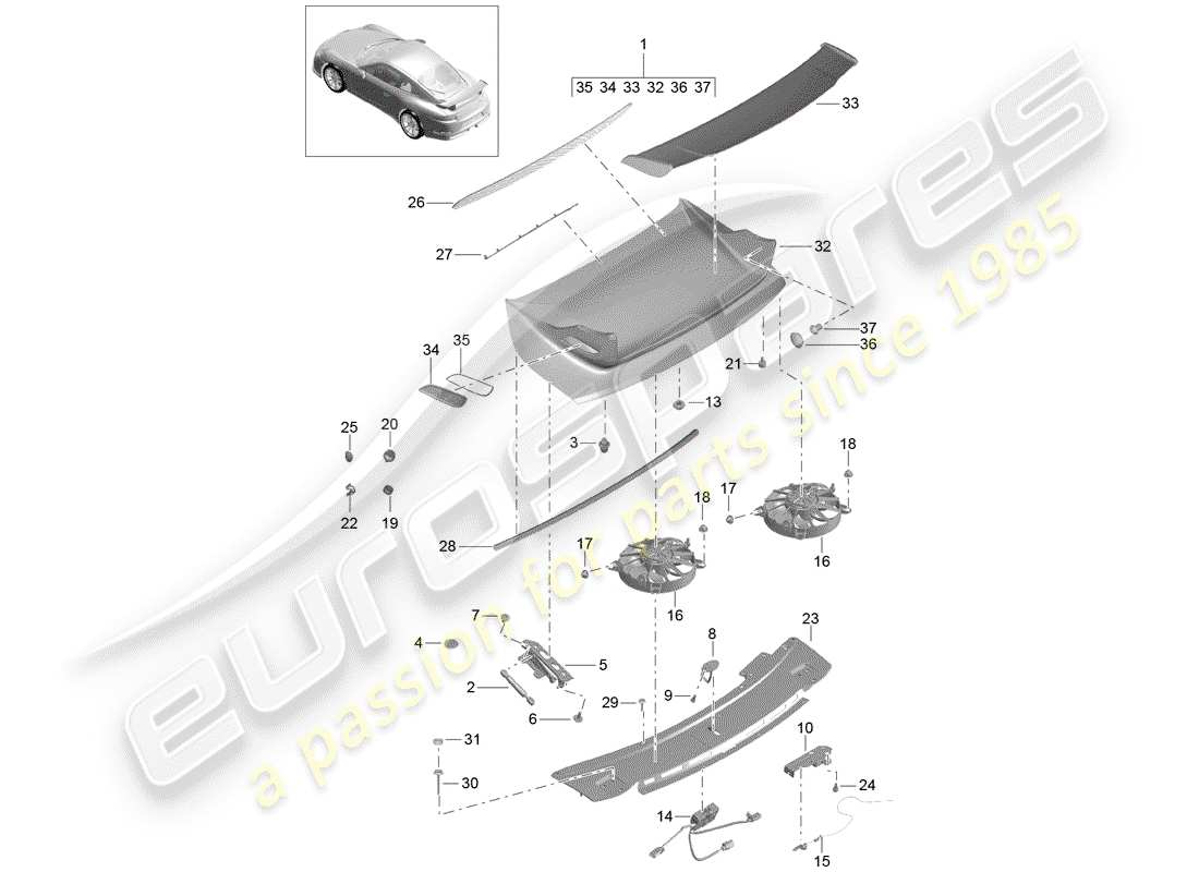 porsche 2020 (991-2 r/gt3/rs) rear spoiler part diagram