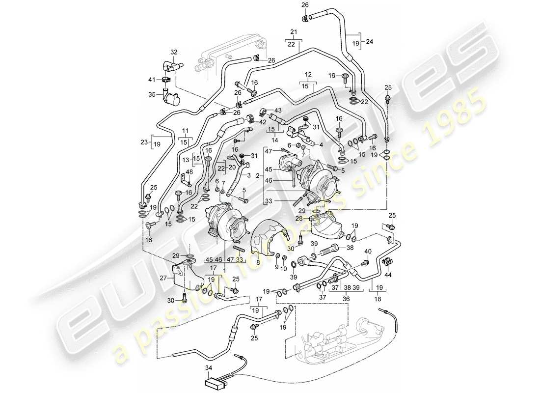 porsche 997 t/gt2 (2007) exhaust gas turbocharger parts diagram