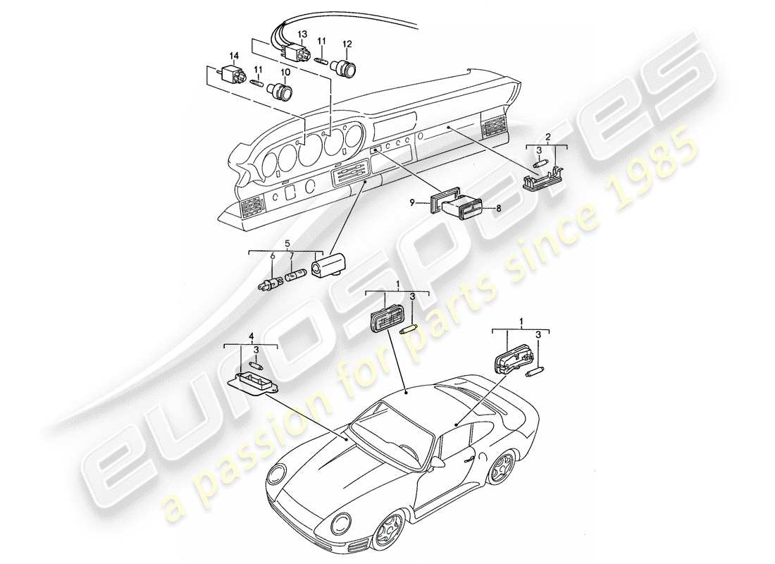 porsche 1988 (959) warning lights - interior lights parts diagram