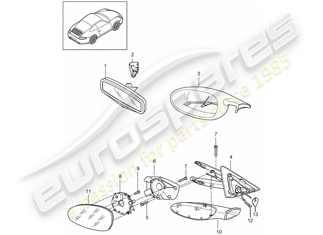 porsche 2012 (997-2) rear view mirror inner part diagram