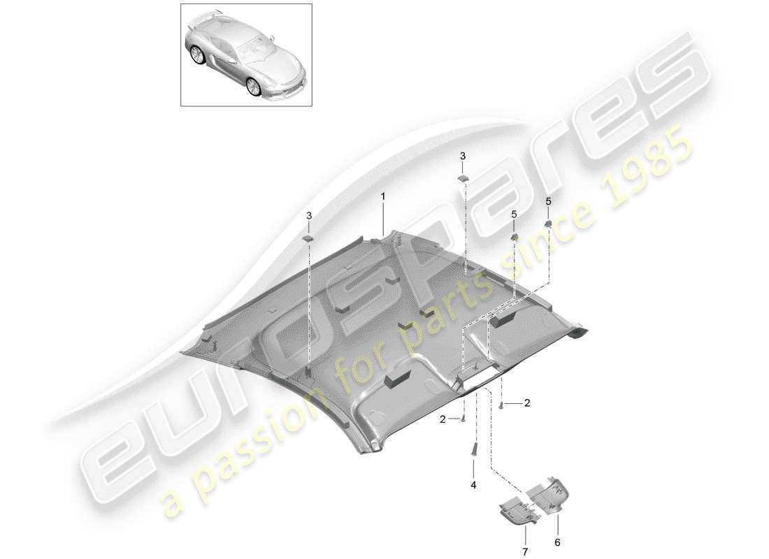 porsche cayman gt4 (2016) roof trim panel parts diagram