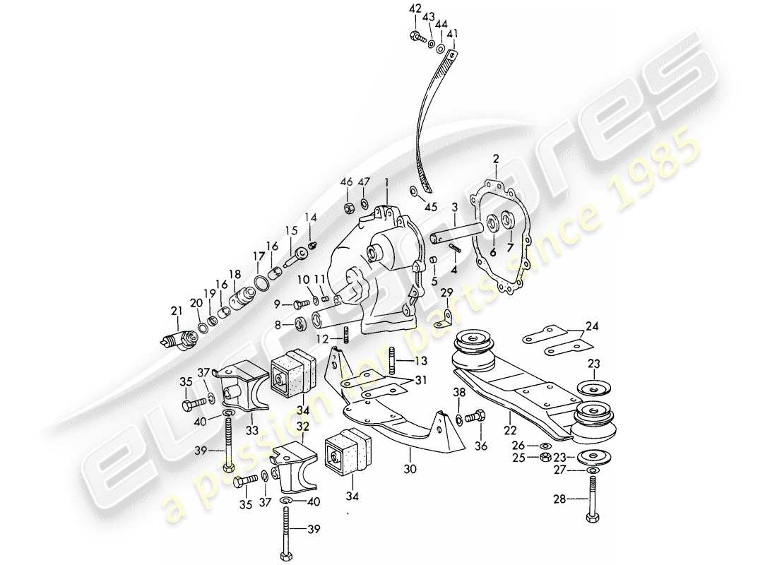 porsche 1965 (911/912) transmission cover - transmission suspension - chilled casting - and - die casting part diagram