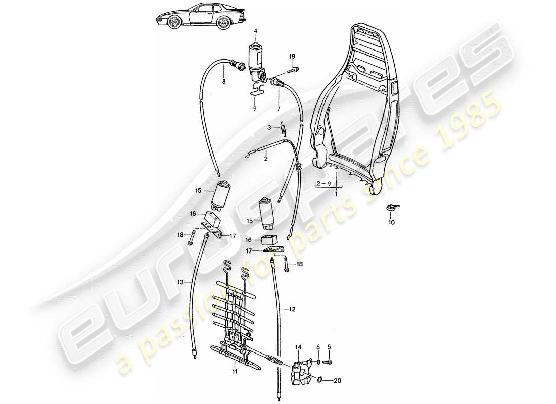 porsche seat 944/968/911/928 (1986) backrest frame - manually - electric - lumbar support - d - mj 1989>> - mj 1991 parts diagram