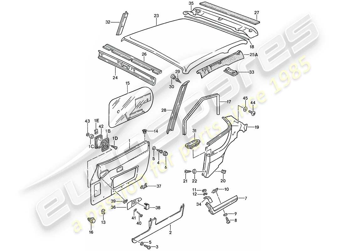 porsche 1989 (944) door panel - roof trim panel part diagram