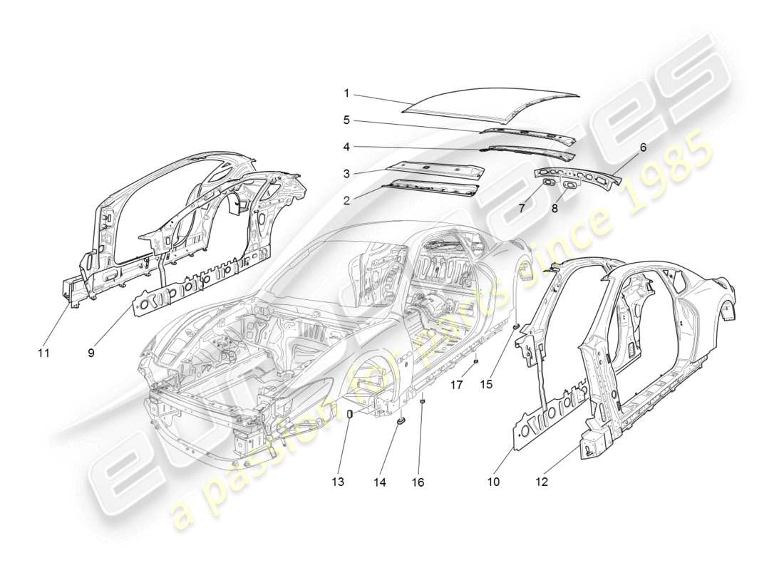 maserati granturismo (2008) bodywork and central outer trim panels part diagram